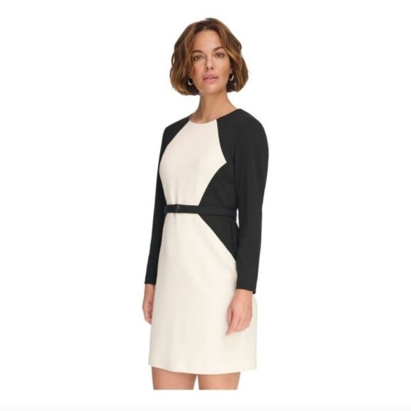 DKNY Cream & Black Color Block Midi Sheath Dress With Round Neck Size 8 NWT - Picture 2 of 5